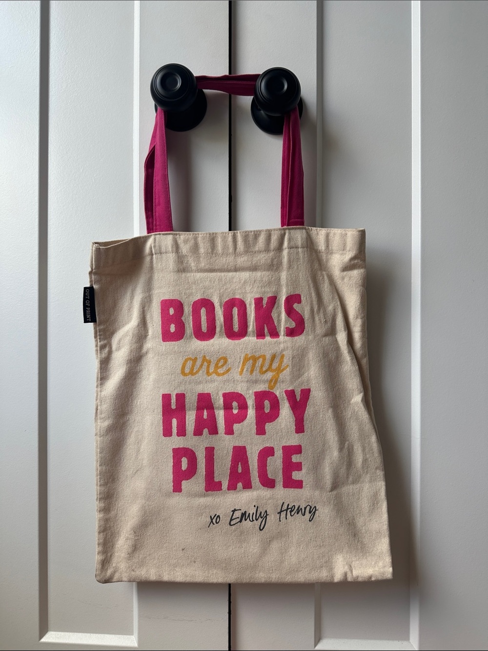 Out of Print Canvas Tote Bag with Pink Straps - "Books Are My Happy Place"